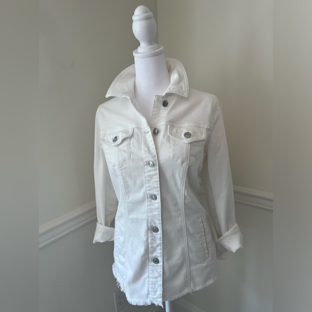 Chicos long white denim jacket